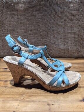 Born Crown Turquoise Cork Wedge Sandals with Ankle Buckle Womens 7